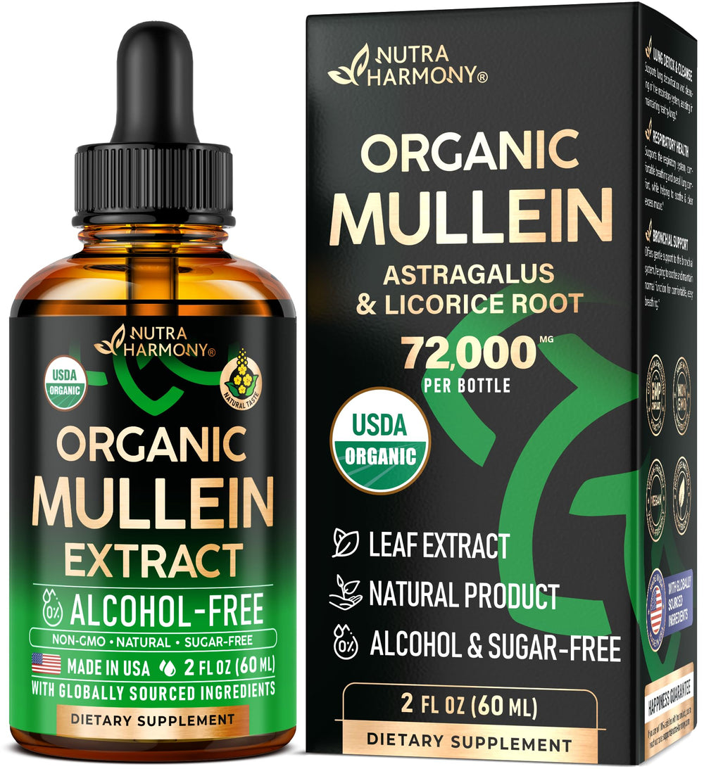 NUTRAHARMONY Mullein Drops bottle being poured for respiratory support
