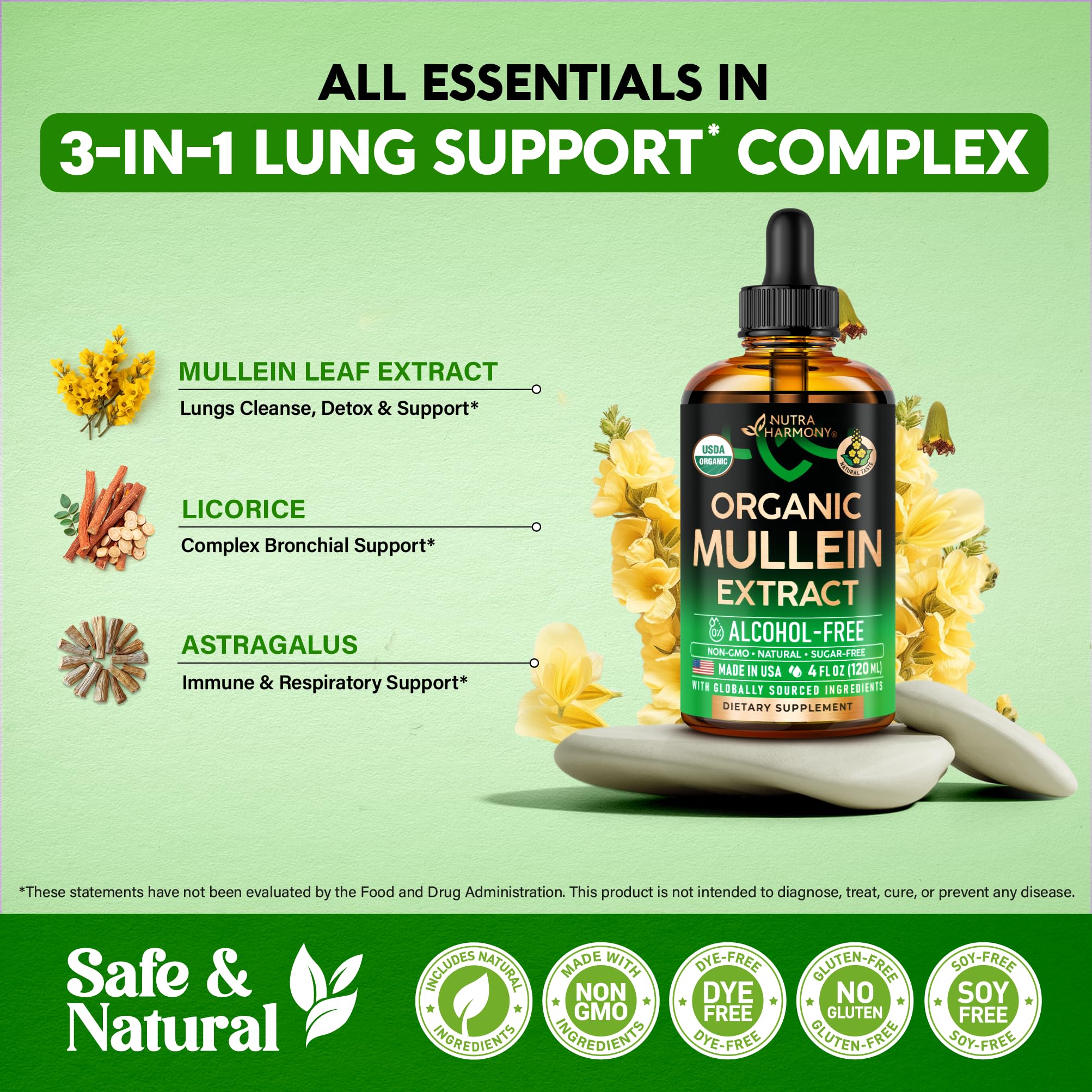 NutraHarmony Mullein Drops label closeup highlights USDA Organic purity.