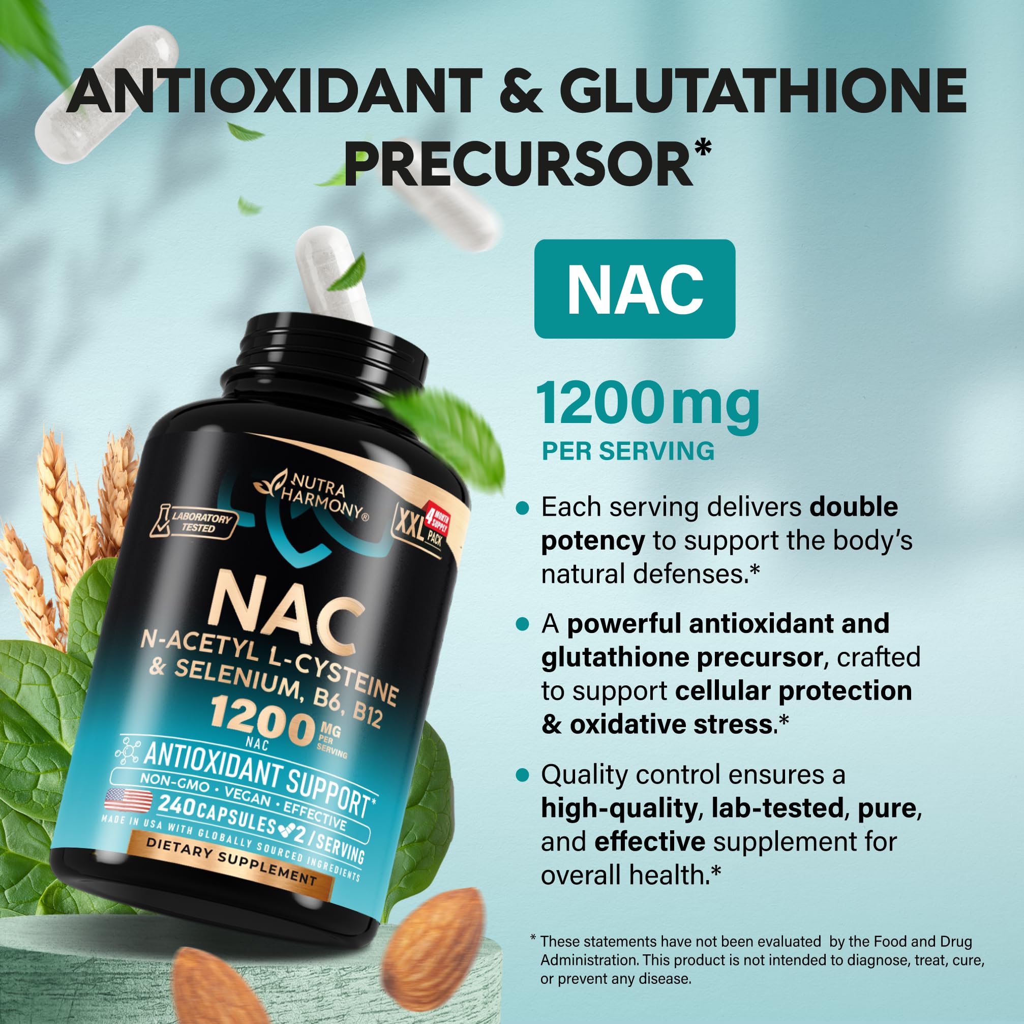 Back of NutraHarmony NAC bottle showing supplement facts and 240 capsules