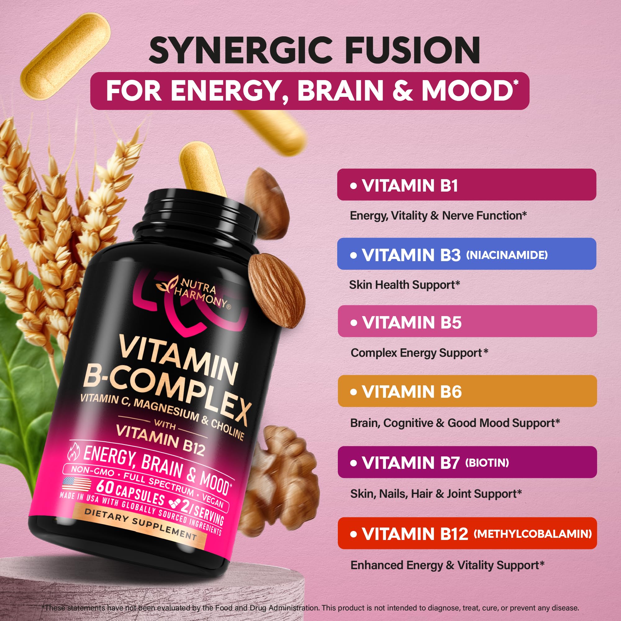 nutraharmony vitamin b complex bottle pour demonstrates easy daily routine