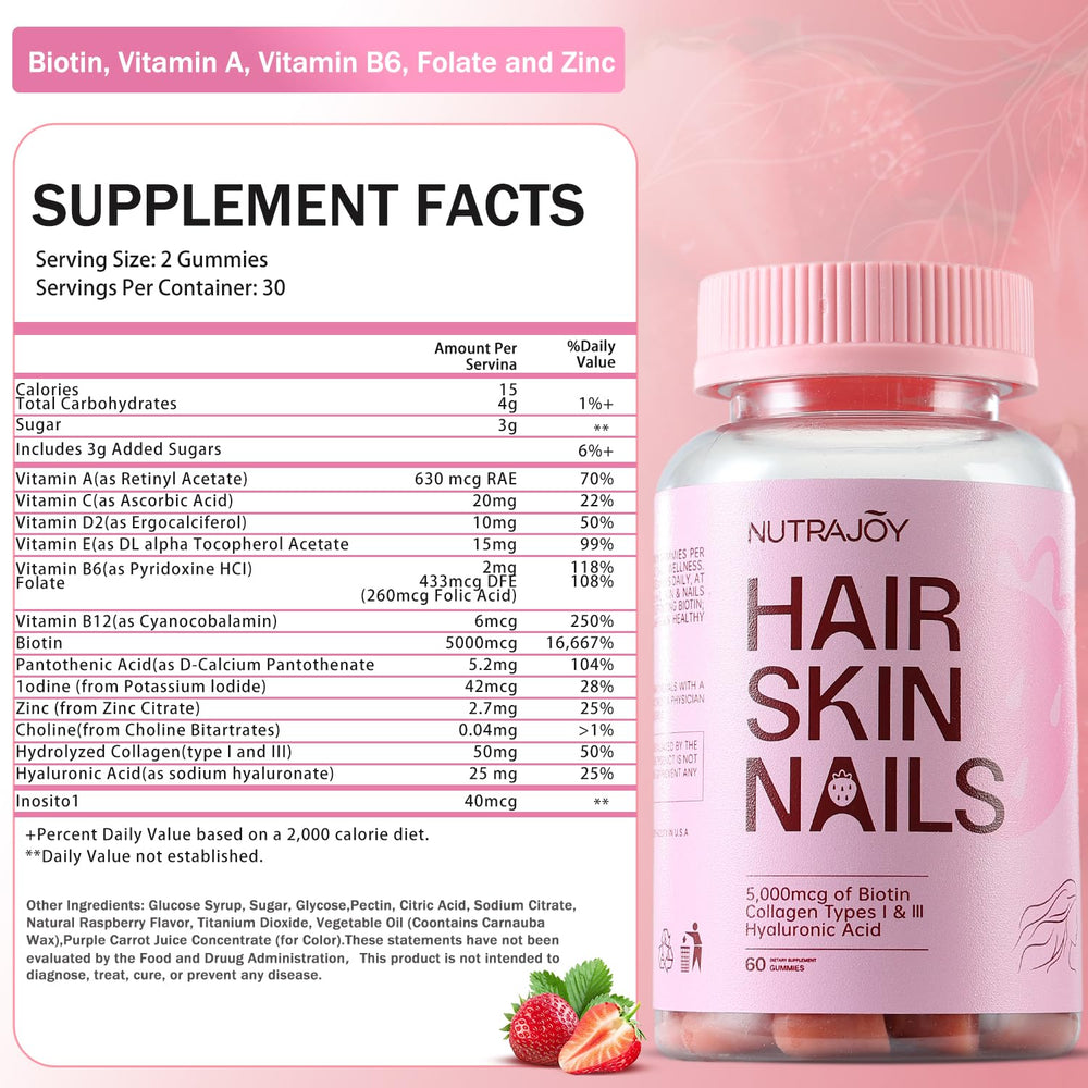 Nutrajoy Hair Skin Nails Gummies back label showing Nutrition Facts