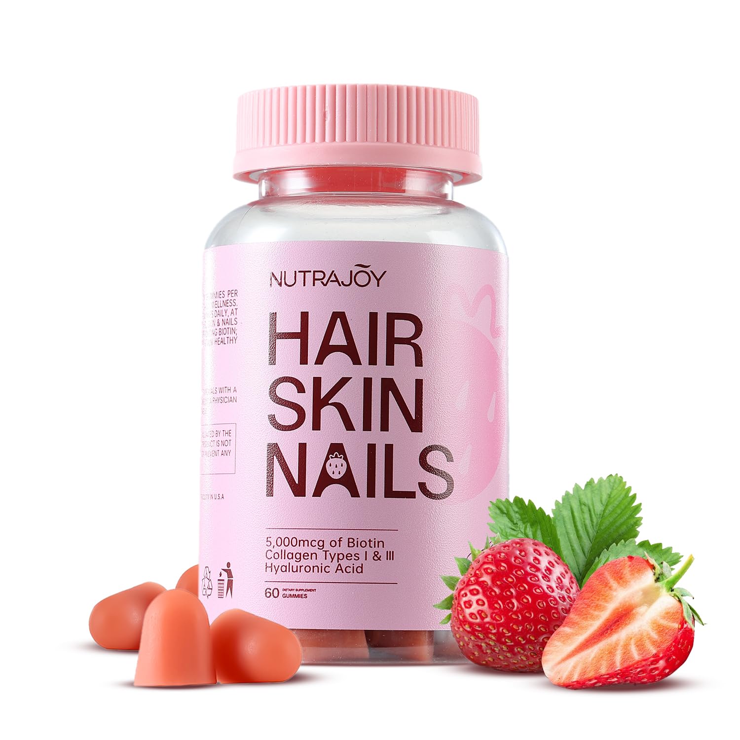 Nutrajoy Hair Skin Nails Gummies front view with strawberry flavor
