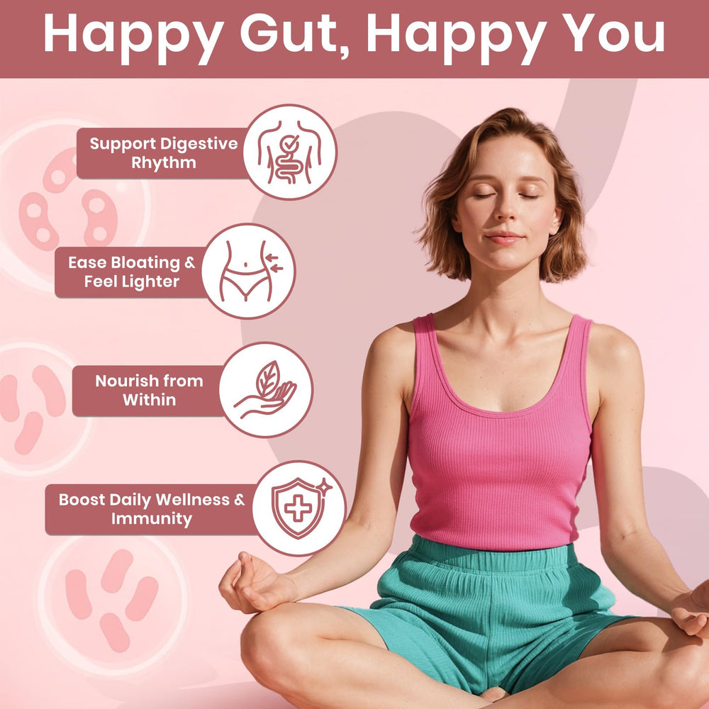 Icons illustrating prebiotic, probiotic, and organic fiber benefits