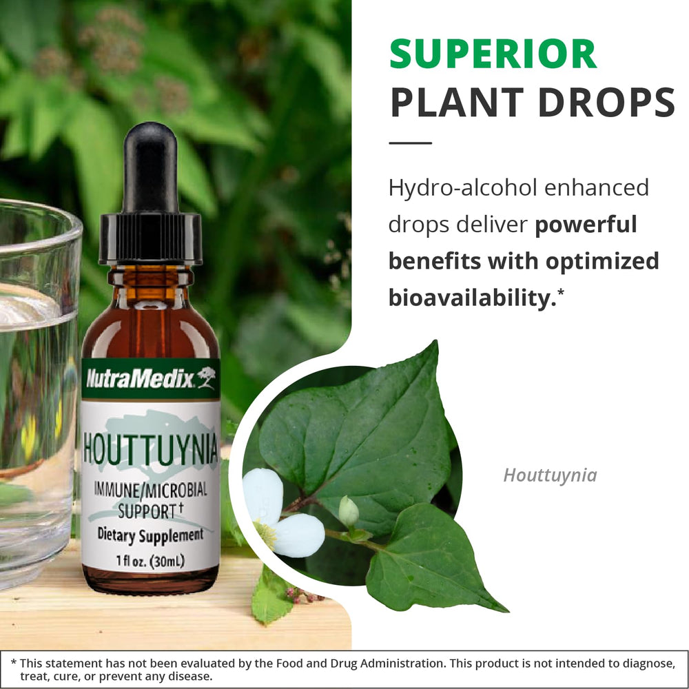 NutraMedix Houttuynia tincture in water illustrates quick wellness mix