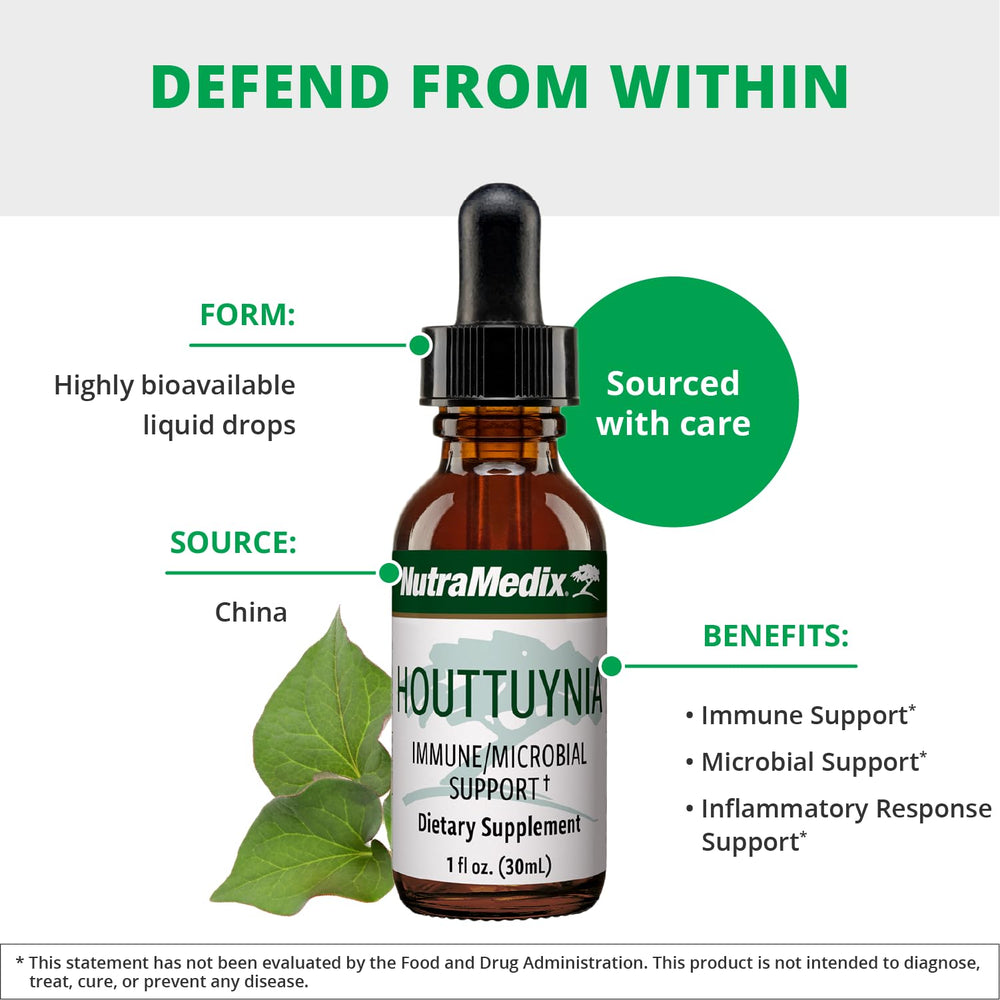 NutraMedix Houttuynia tincture pour into glass demonstrates easy daily use