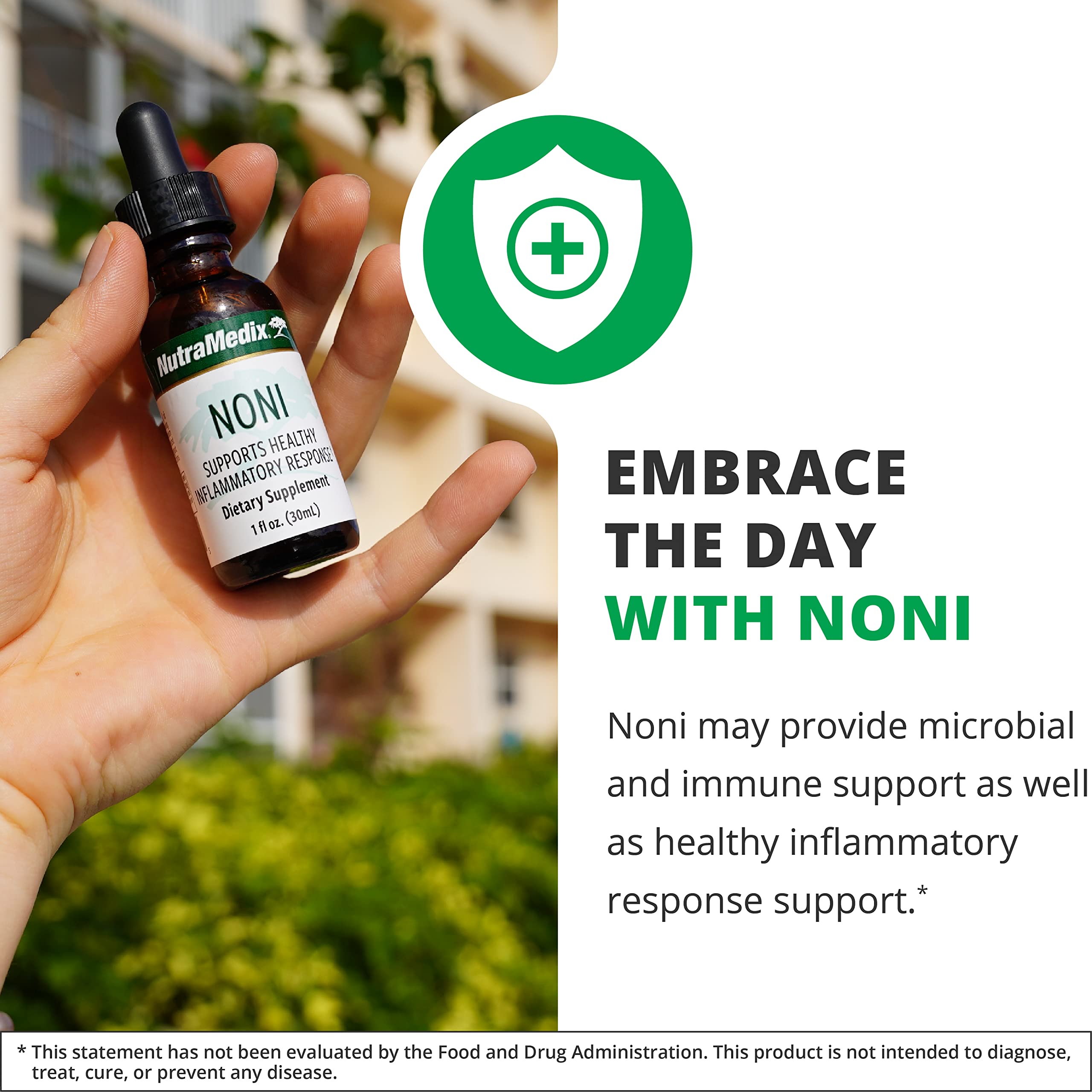 Close-up of NutraMedix Noni Drops tincture bottle