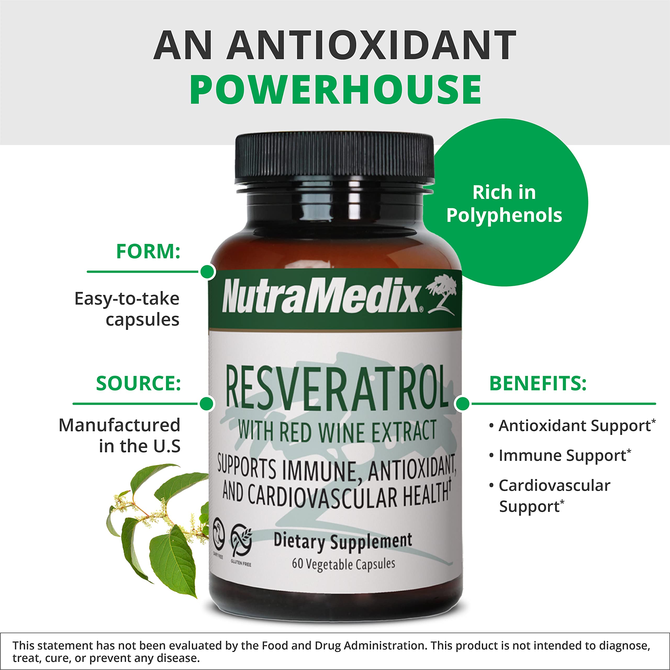 Resveratrol bottle and 60 capsules on white
