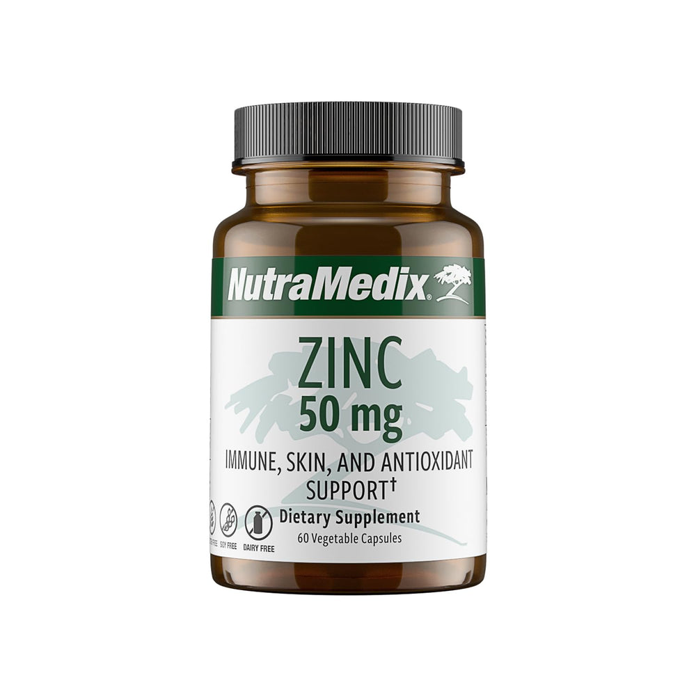 Hero image of NutraMedix Zinc 50mg bottle with 60 capsules