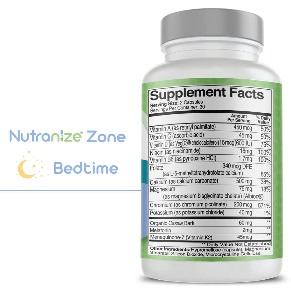 Chelated magnesium glycinate and melatonin in bedtime capsule