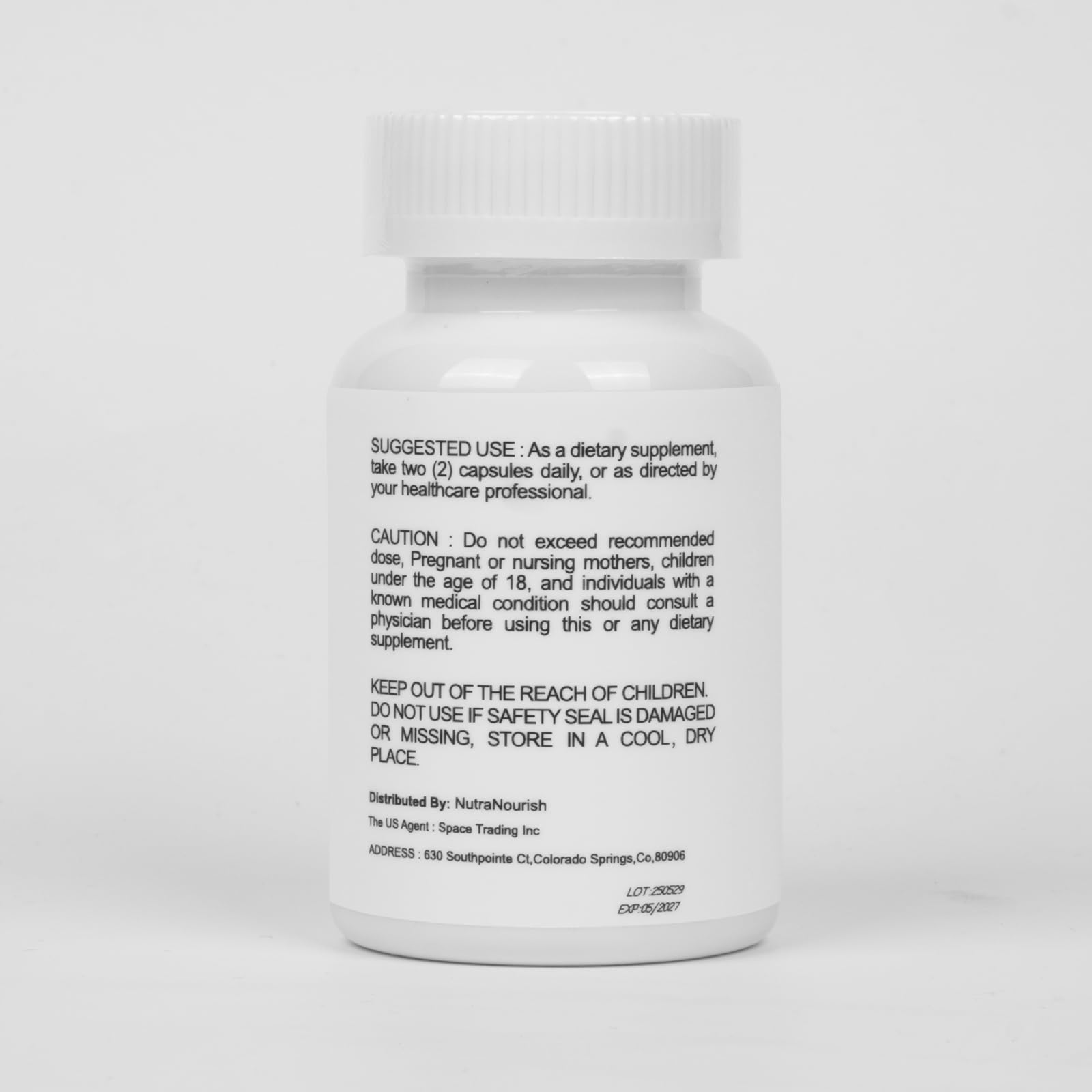 Supplement bottle with 60 count and clean label