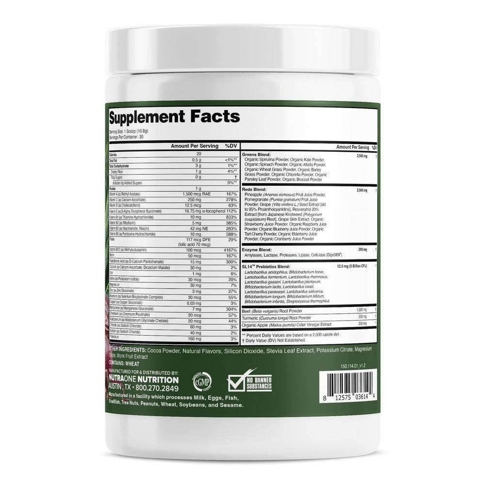 NutraOne Complete Superfoods bottle pour into glass for quick wellness boost