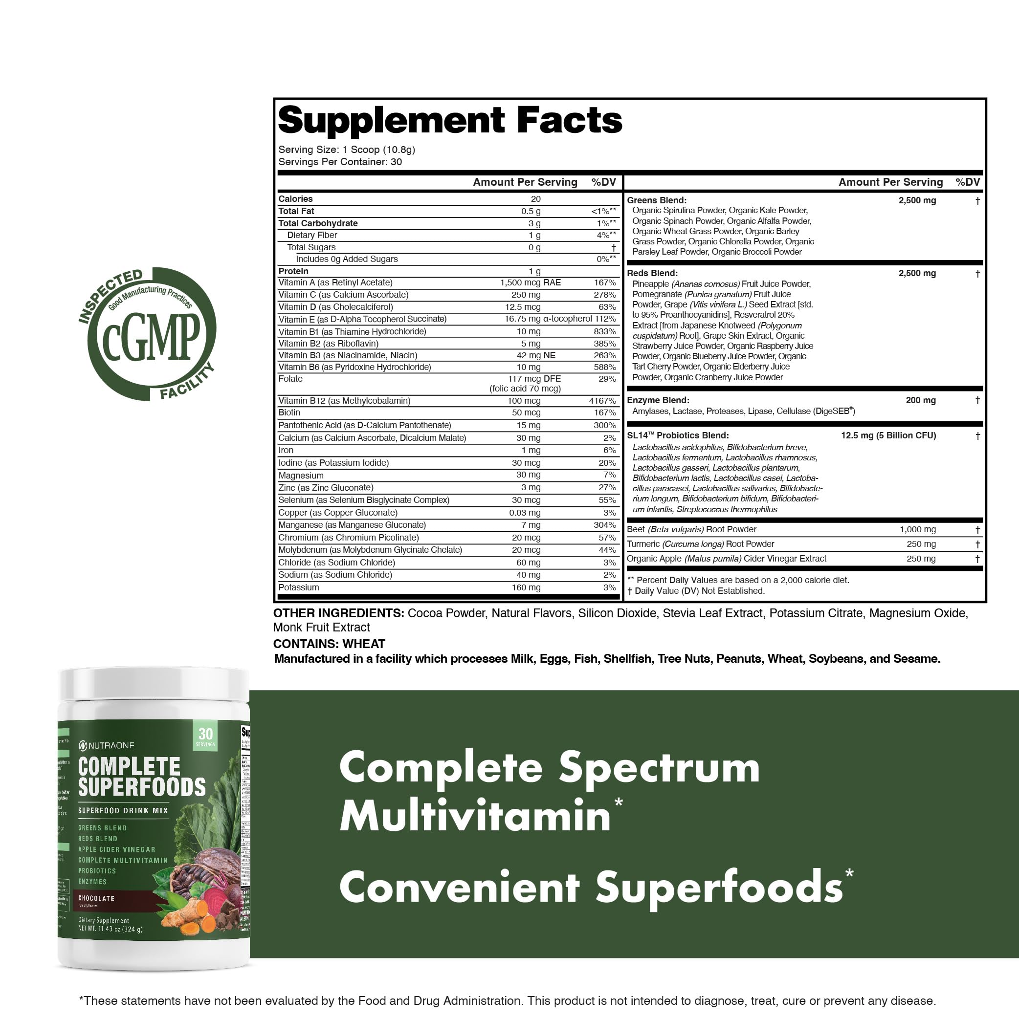 NutraOne Complete Superfoods label close-up highlighting probiotic and vitamin blends