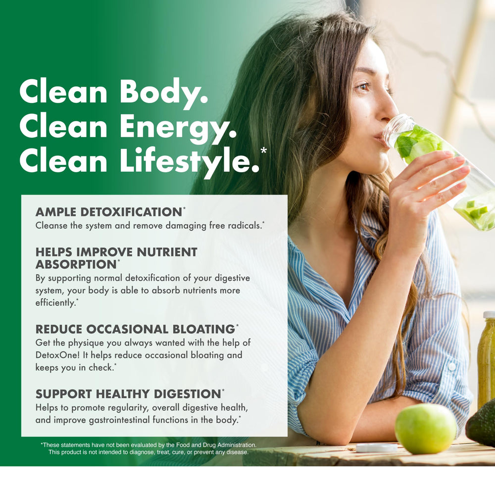 NutraOne DetoxOne kitchen-counter display suggests a consistent wellness habit.