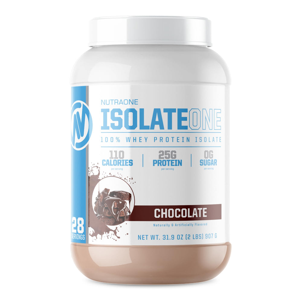 Front view of NutraOne IsolateOne Gourmet Chocolate whey protein powder 2 lb