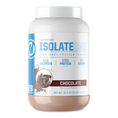 Front view of NutraOne IsolateOne Gourmet Chocolate whey protein powder 2 lb