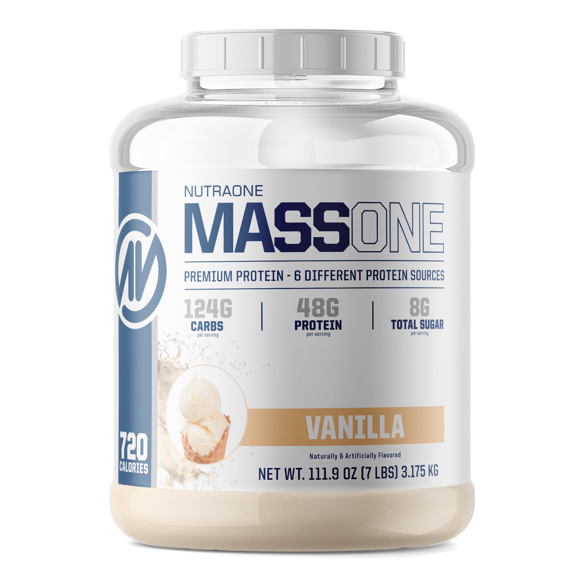 NutraOne MassOne vanilla mass gainer tub showing high-calorie nutrition for muscle support