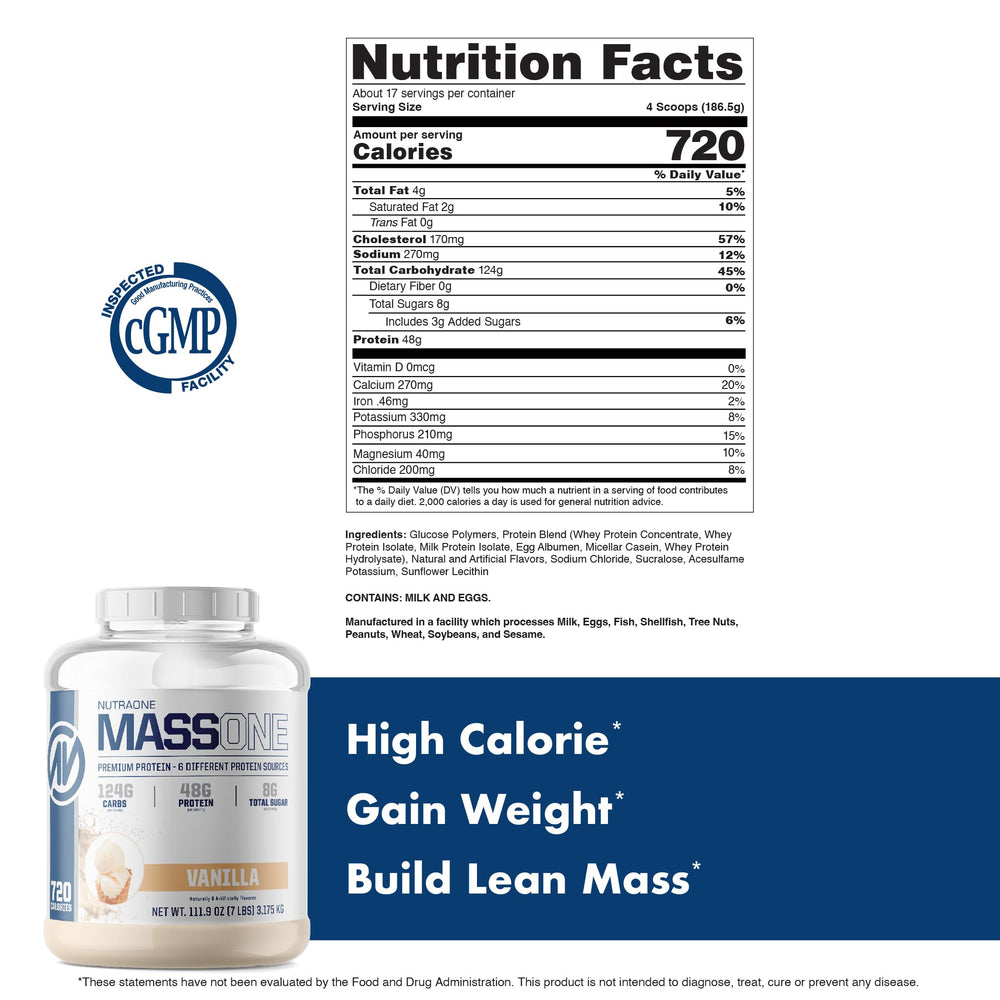 NutraOne MassOne vanilla ingredients label emphasizes quality sourcing and safety
