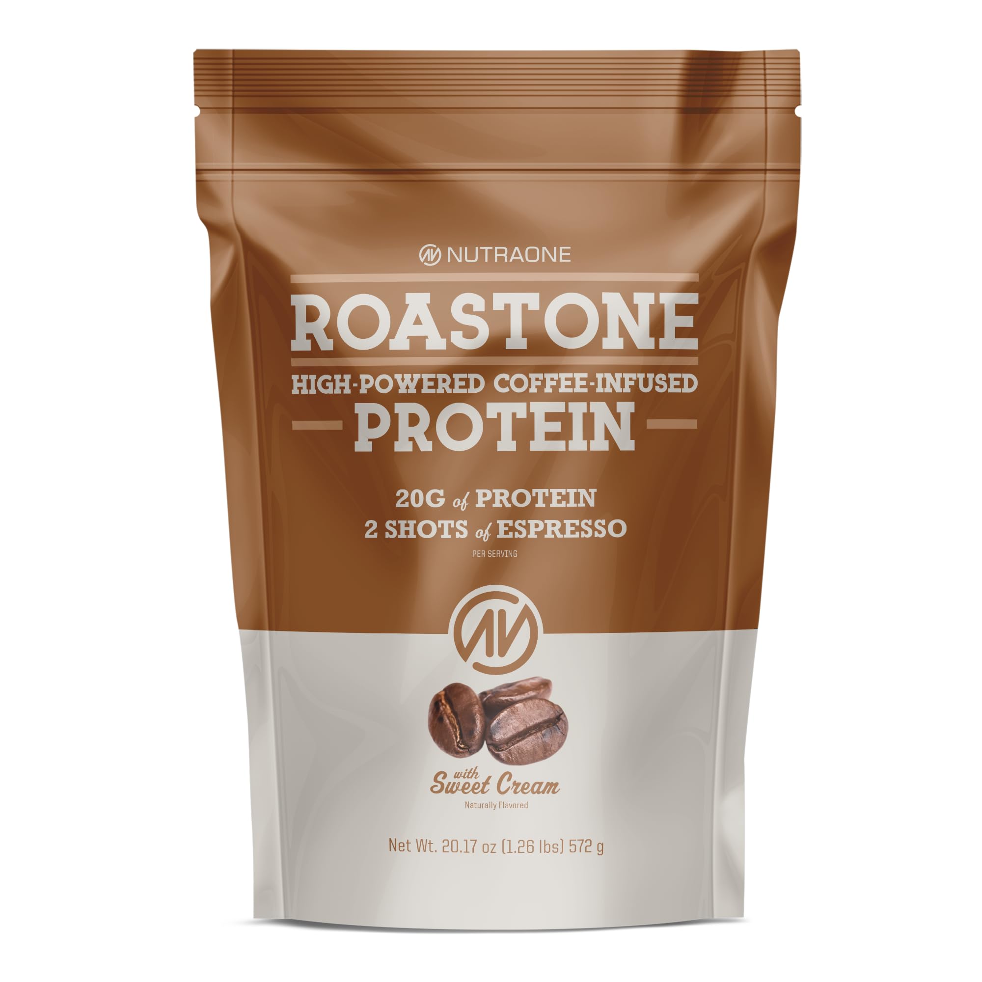 NutraOne RoastOne tub—creamy sweet-cream shake for morning energy.