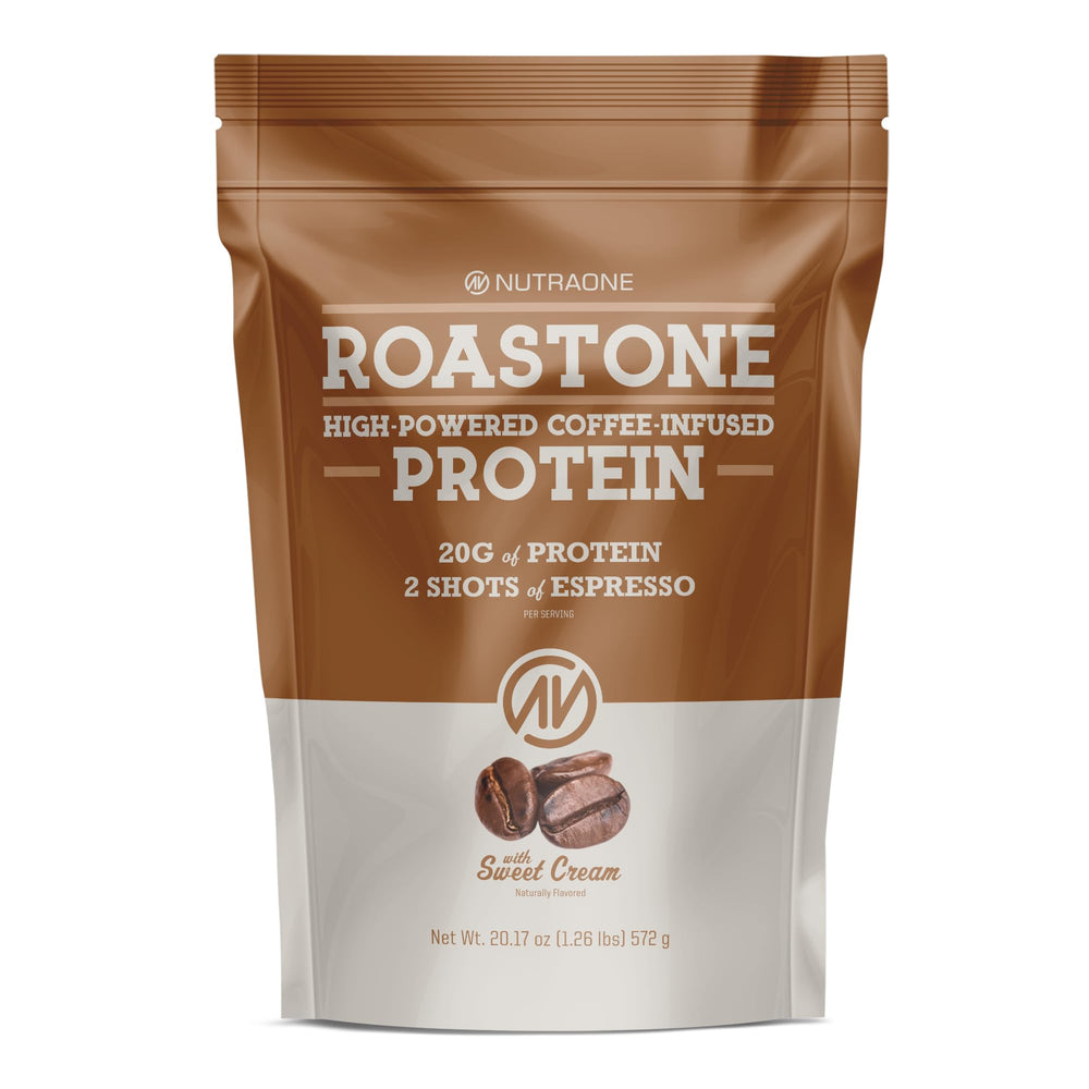 NutraOne RoastOne tub—creamy sweet-cream shake for morning energy.