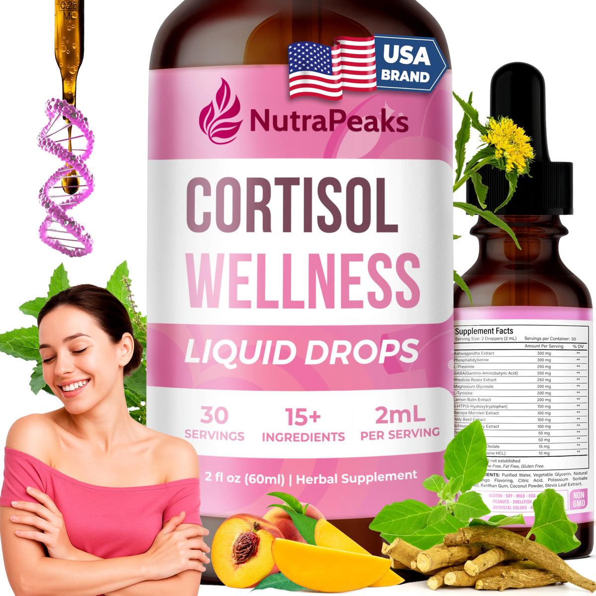 NutraPeaks Cortisol Drops bottle for women