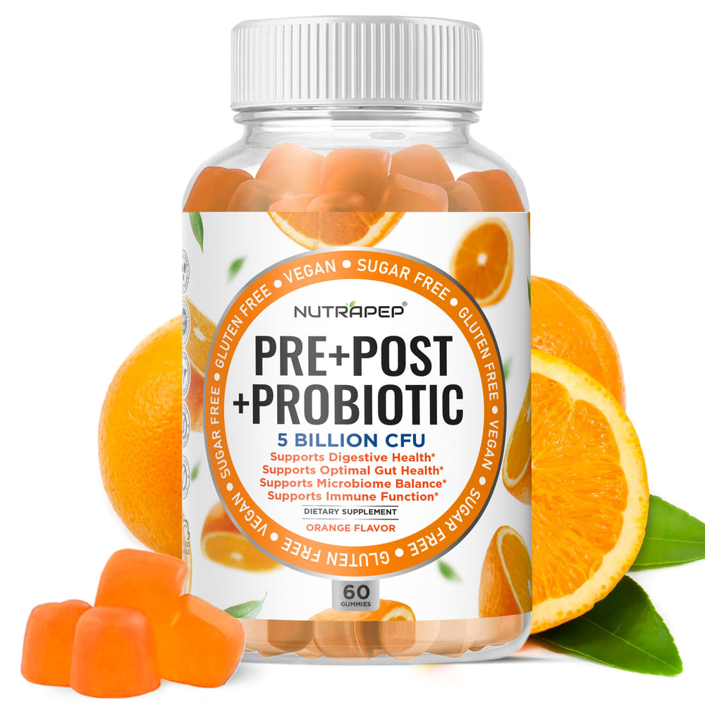 NutraPep gummy bottle showing triple-action gut health blend