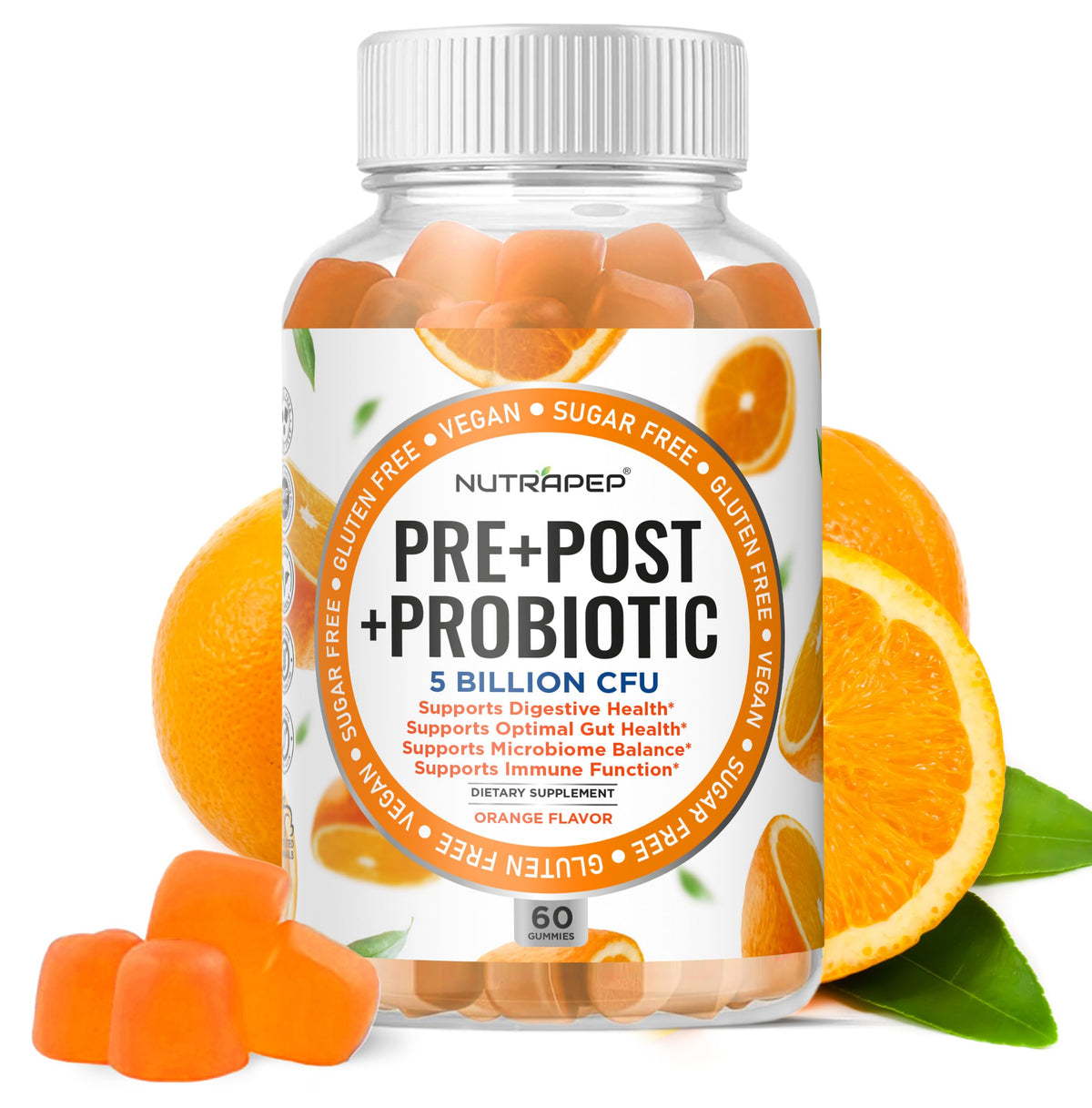 NutraPep gummy bottle showing triple-action gut health blend