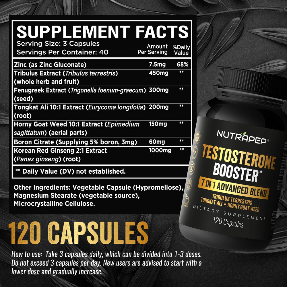 NutraPep Testosterone Booster bottle label close-up highlights ingredients for natural energy support