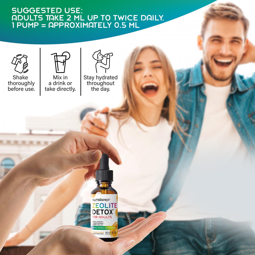 Close-up of dropper releasing Zeolite Detox Drops