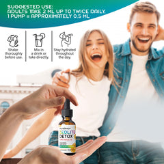 Close-up of dropper releasing Zeolite Detox Drops