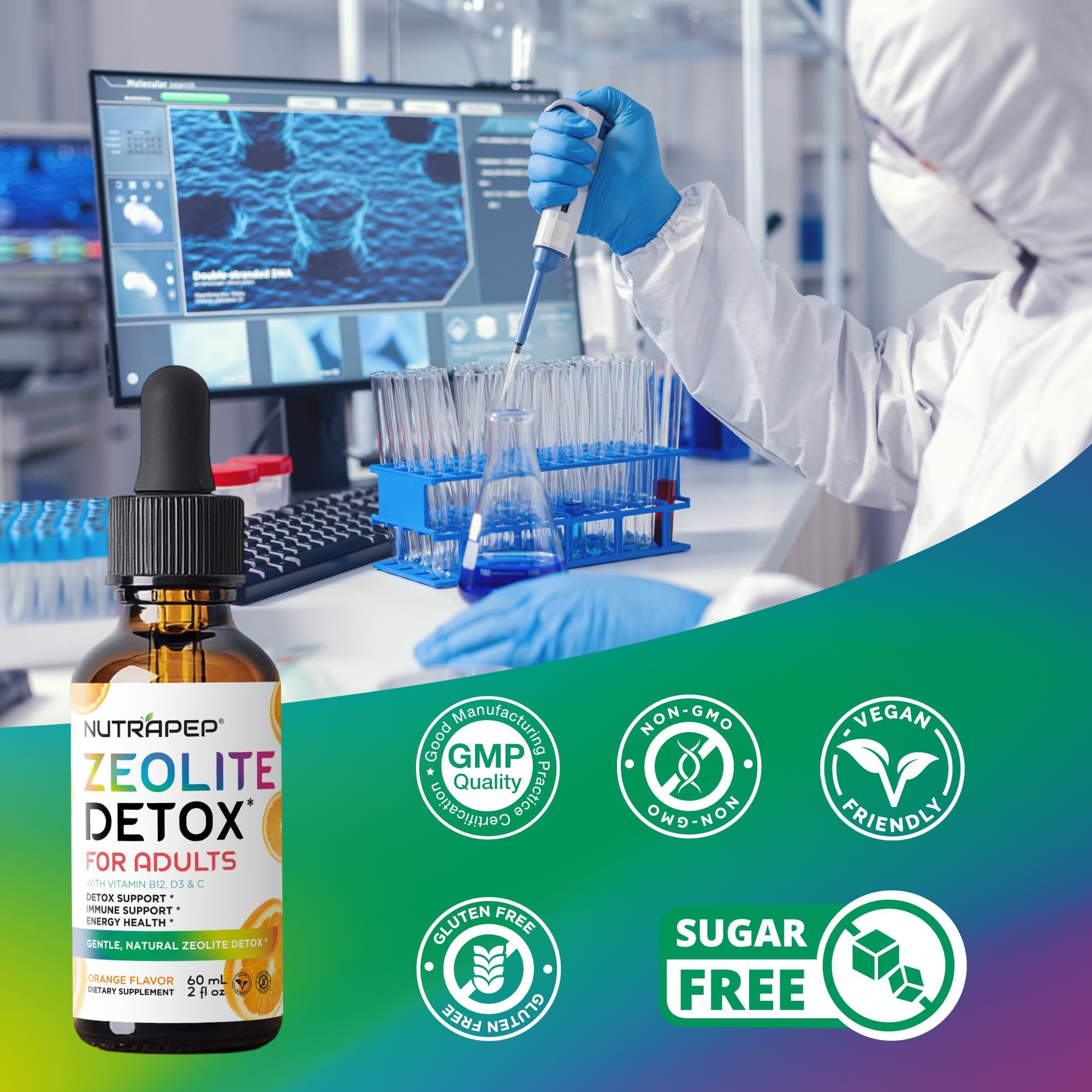 Orange-flavored Zeolite Detox Drops being mixed in water
