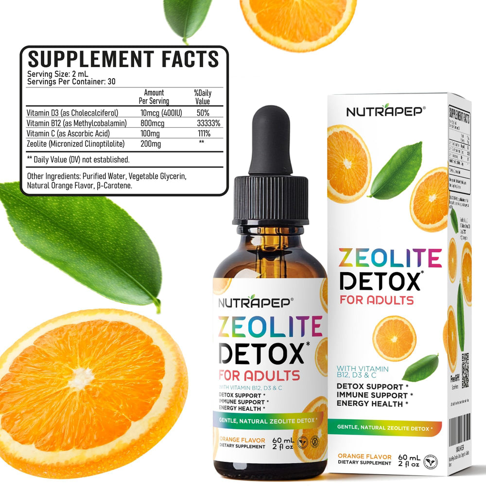 Adult dosage of 2 mL shown for NutraPep Zeolite Detox Drops