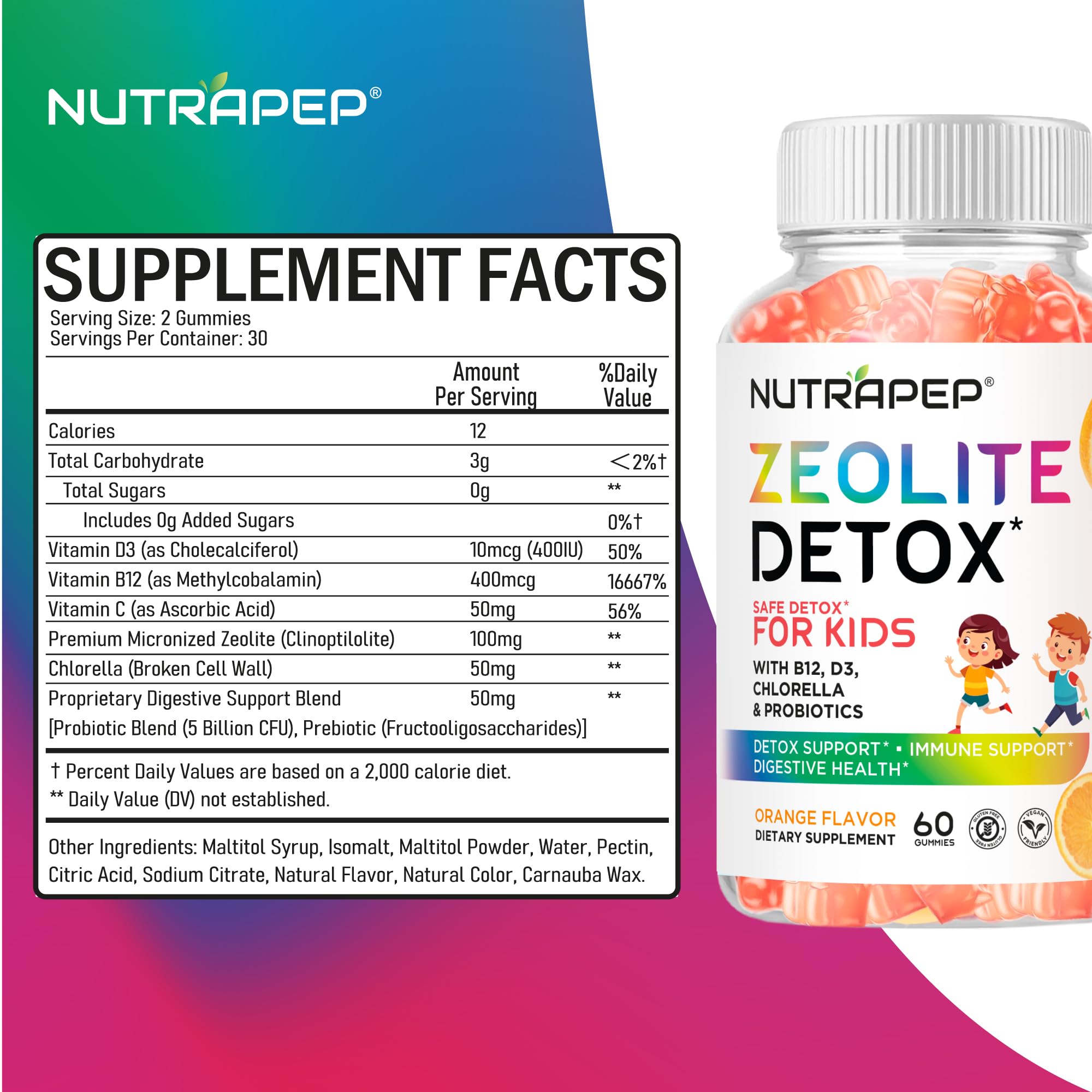 NutraPep Zeolite Detox Kids Gummies allergen-free label for peace of mind.