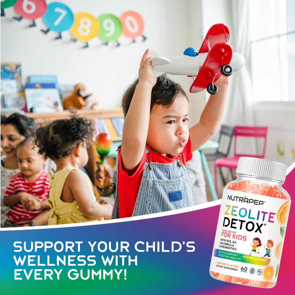 NutraPep Zeolite Detox Kids Gummies ingredients list emphasizing gluten-free.