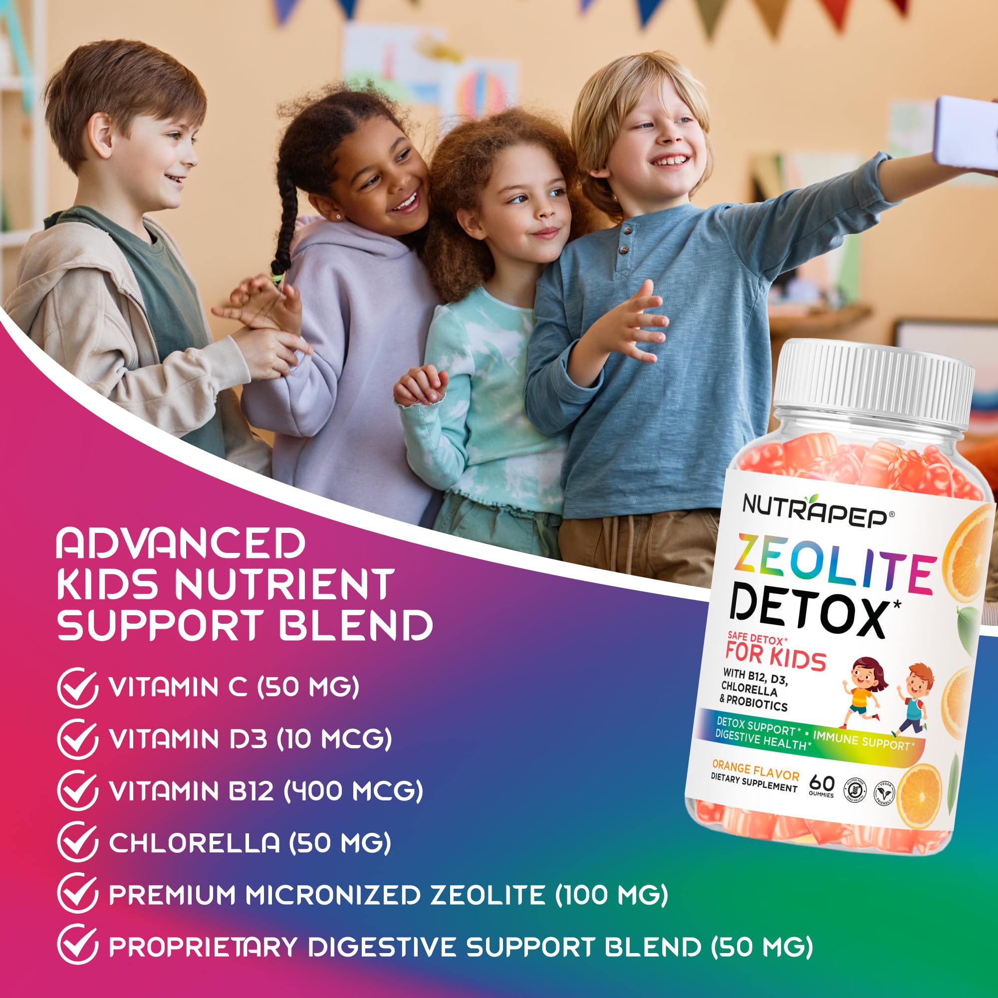 NutraPep Zeolite Detox Kids Gummies orange flavor for enjoyable daily use.