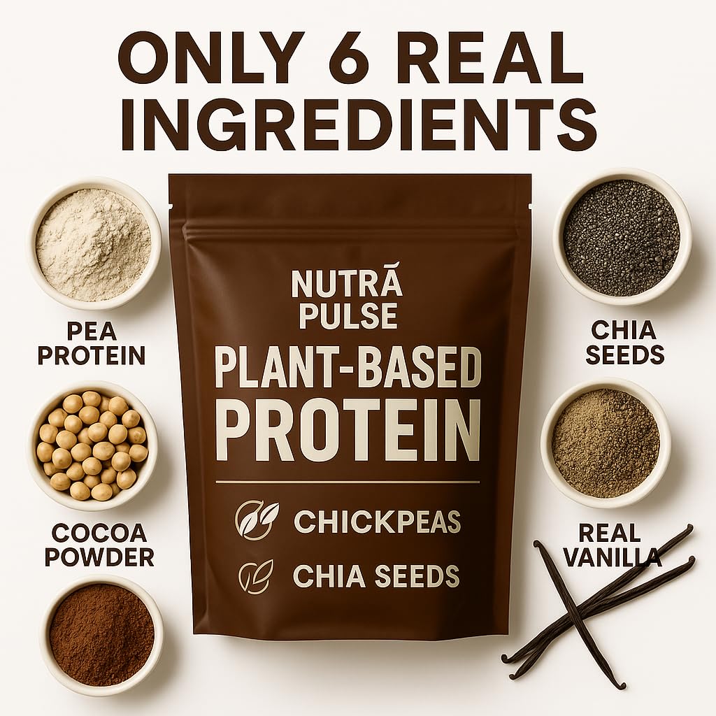 NUTRAPULSE chocolate vegan protein powder scoop ready to blend into shakes