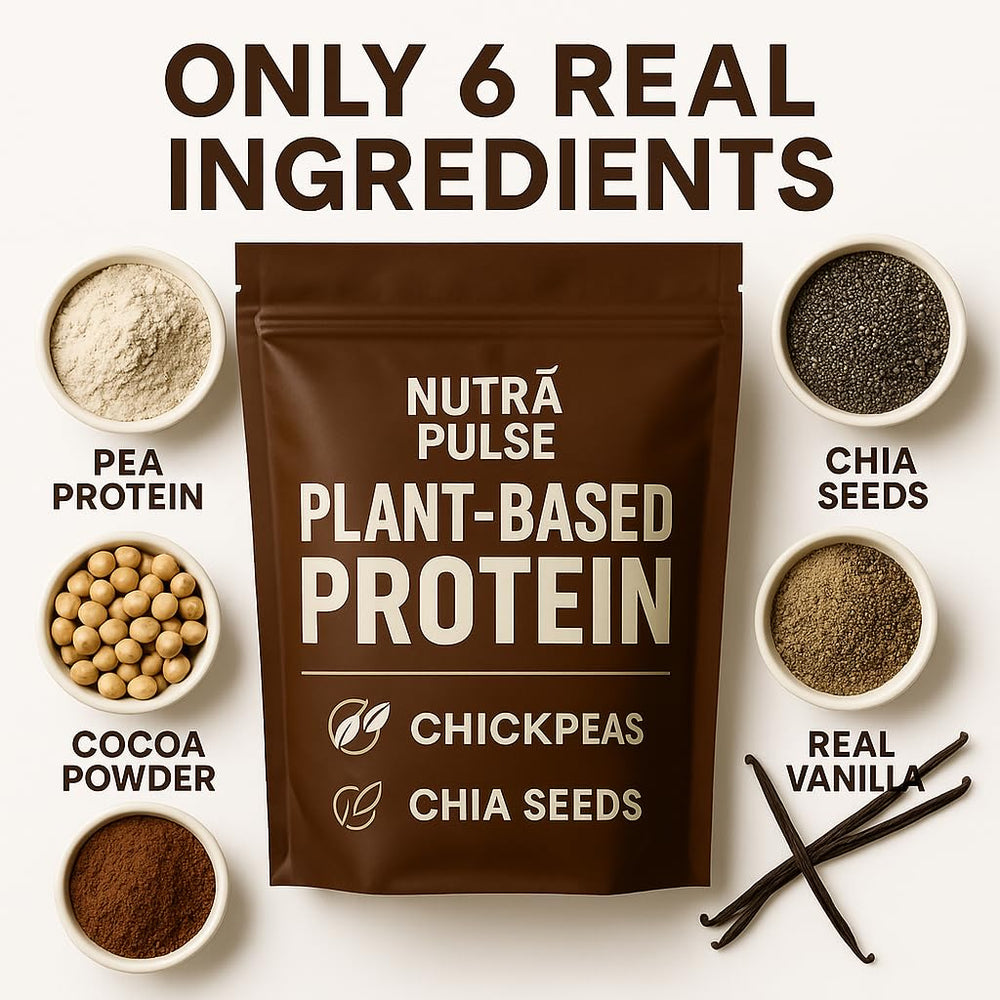 NUTRAPULSE chocolate vegan protein powder scoop ready to blend into shakes
