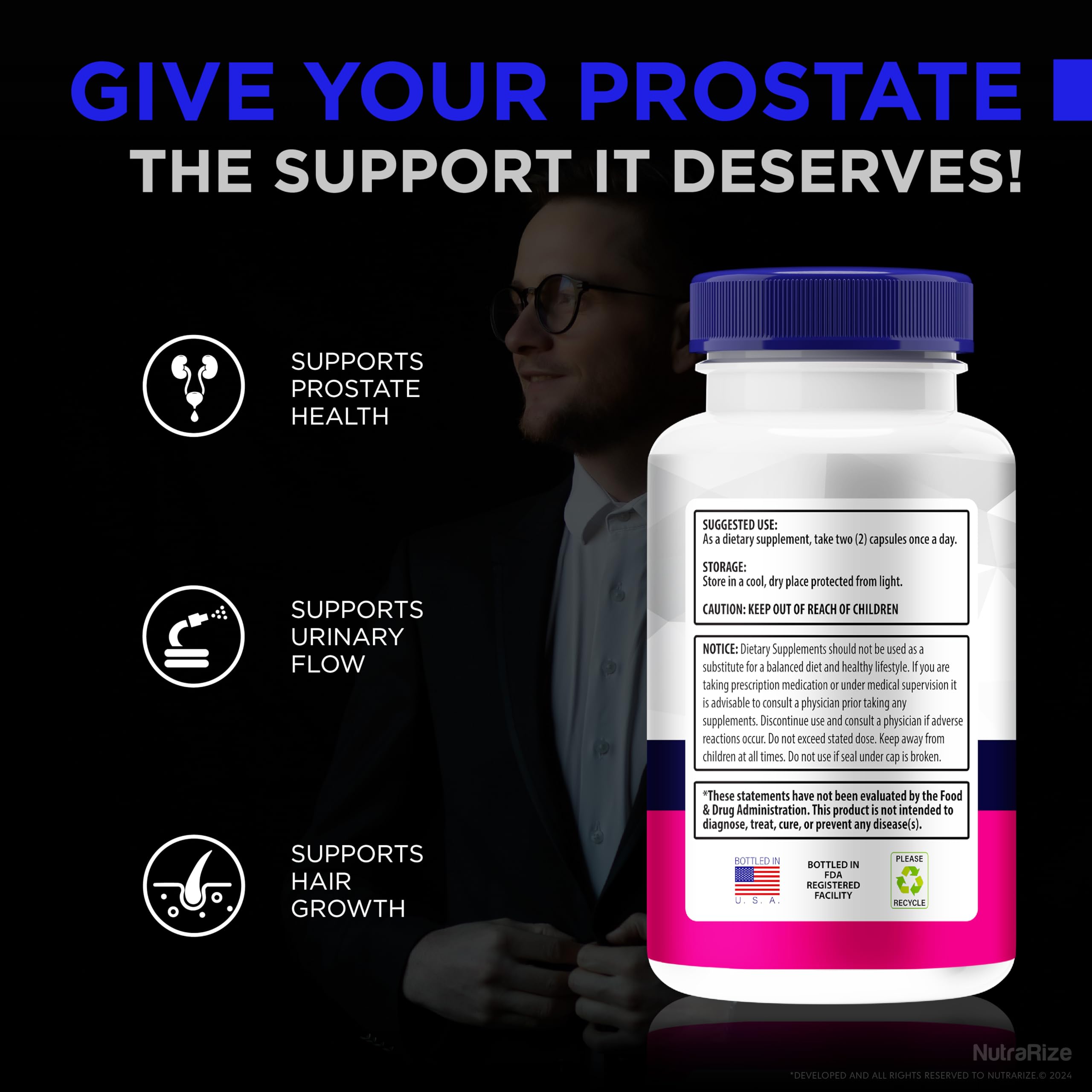 NutraRize EZ Prostate capsules with everyday lifestyle items, suggesting routine care.