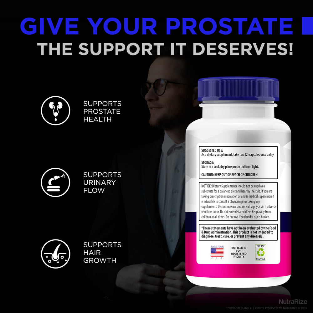 NutraRize EZ Prostate capsules with everyday lifestyle items, suggesting routine care.