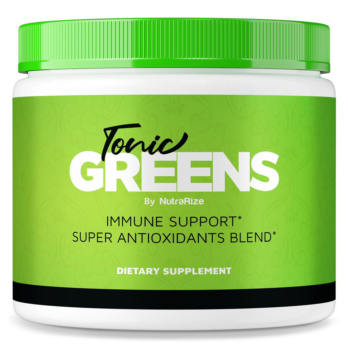 NutraRize Tonic Greens jar with label and scoop on a white background