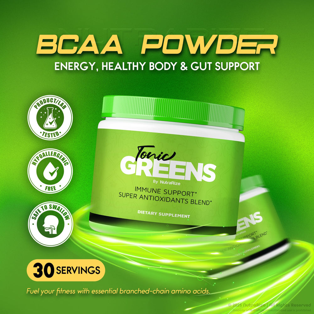 Scoop of NutraRize Tonic Greens powder beside jar