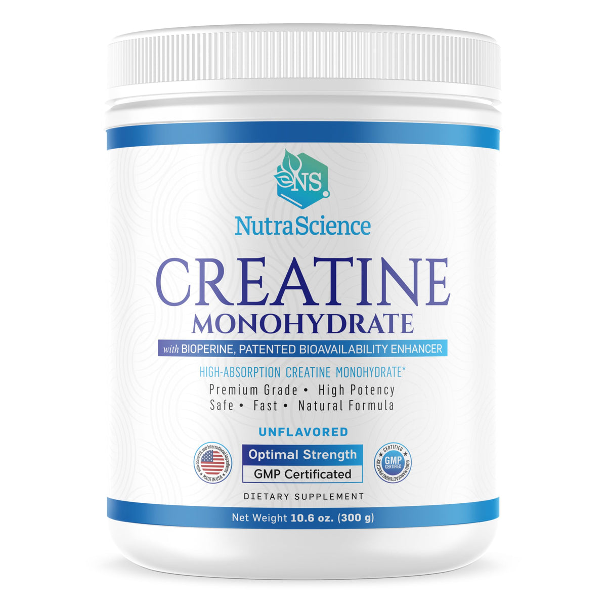 NutraScience Creatine Monohydrate with BioPerine 60 servings unflavored jar