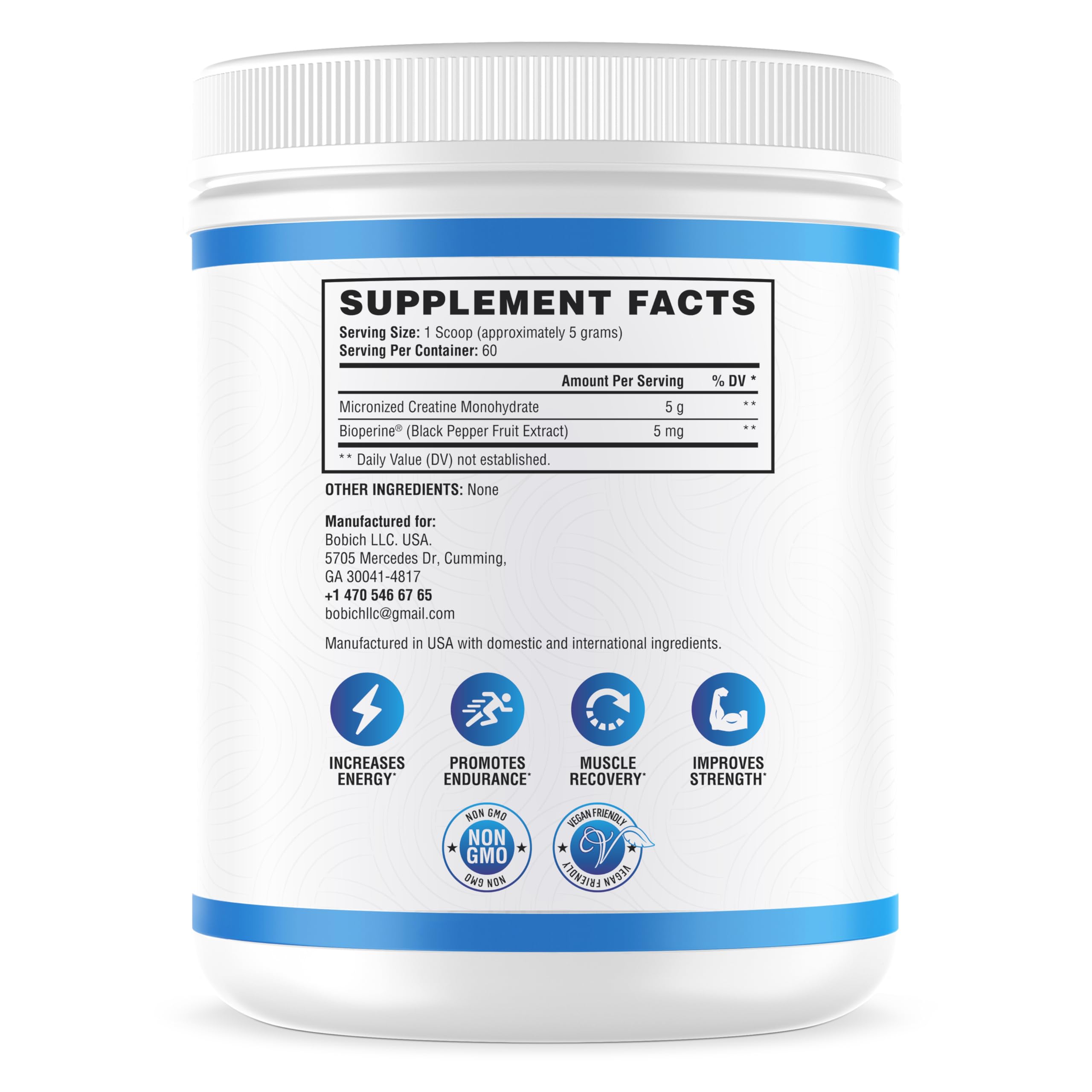 Unflavored Creatine Monohydrate powder with BioPerine for rapid absorption