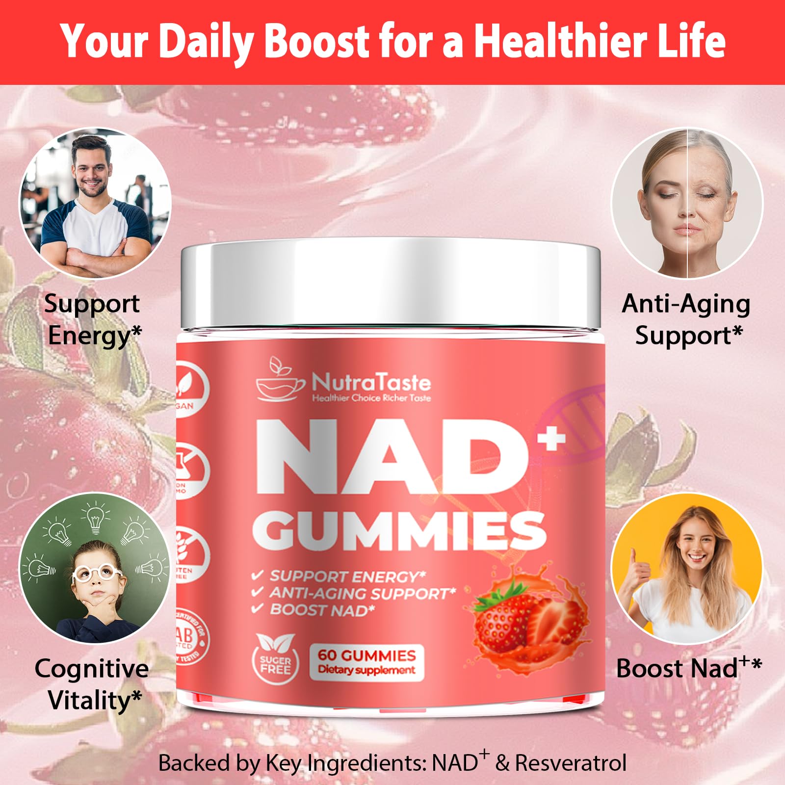 Vegan and sugar-free NAD⁺ Gummies icons