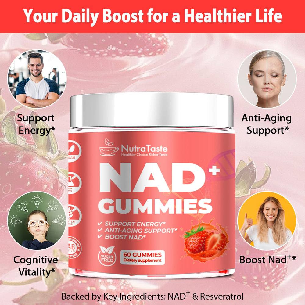 Close-up of NUTRATASTE NAD⁺ Gummies strawberry flavor