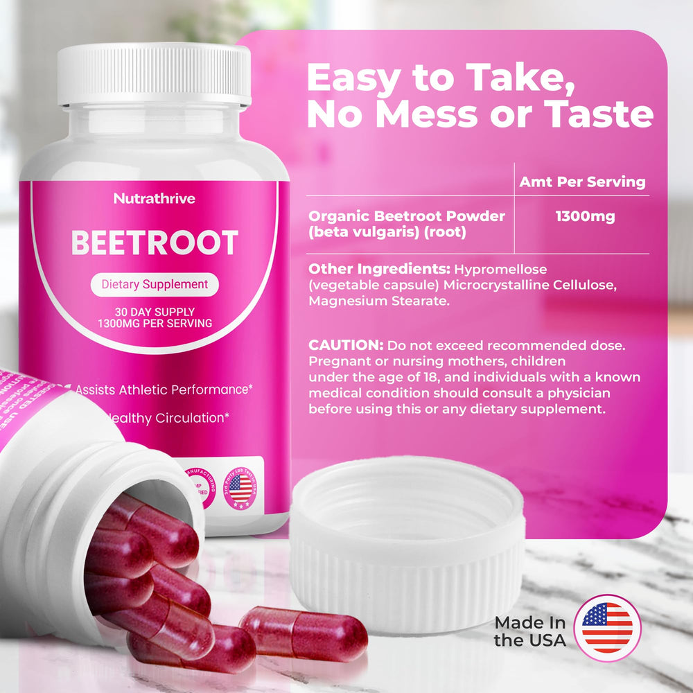 Close-up of Nutrathrive beet root capsules showing tasteless, easy-to-swallow design.