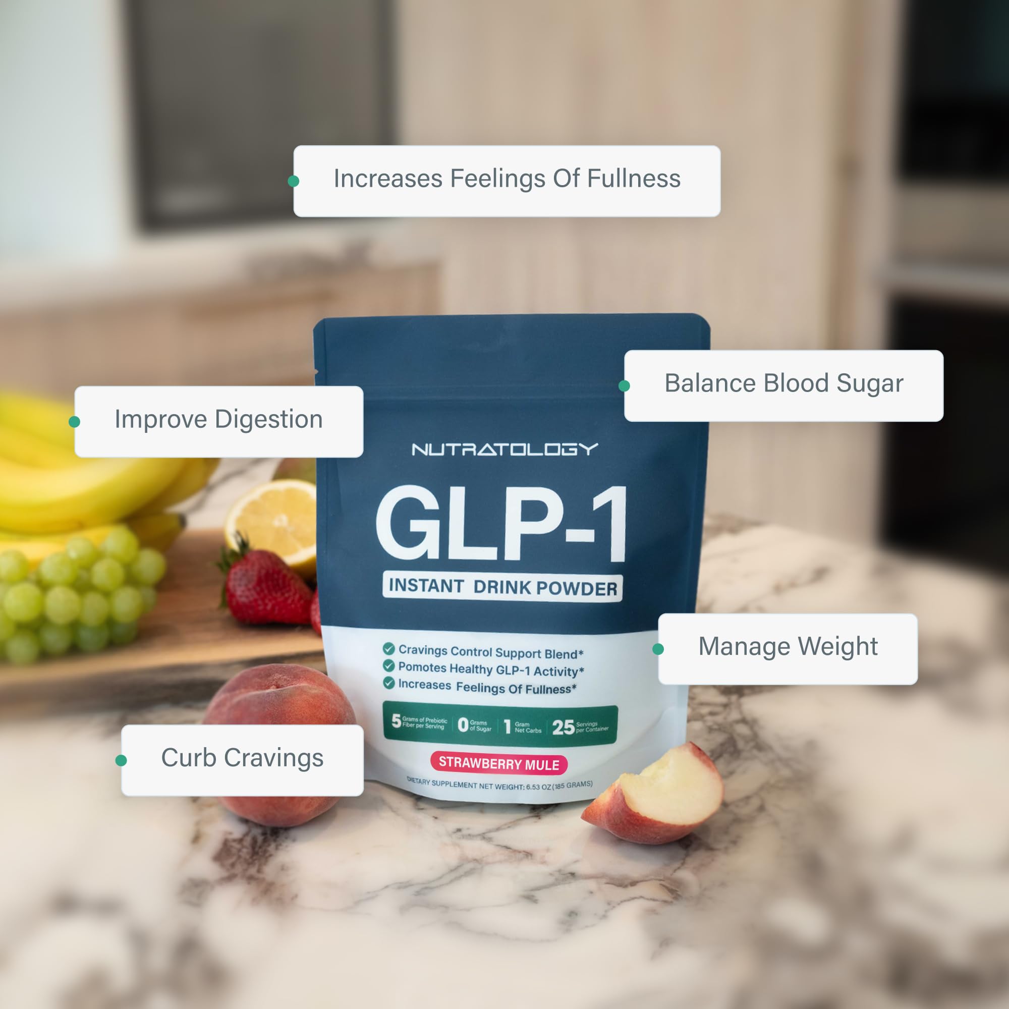 Nutratology GLP-1 Booster energy blend visualizing metabolic support.