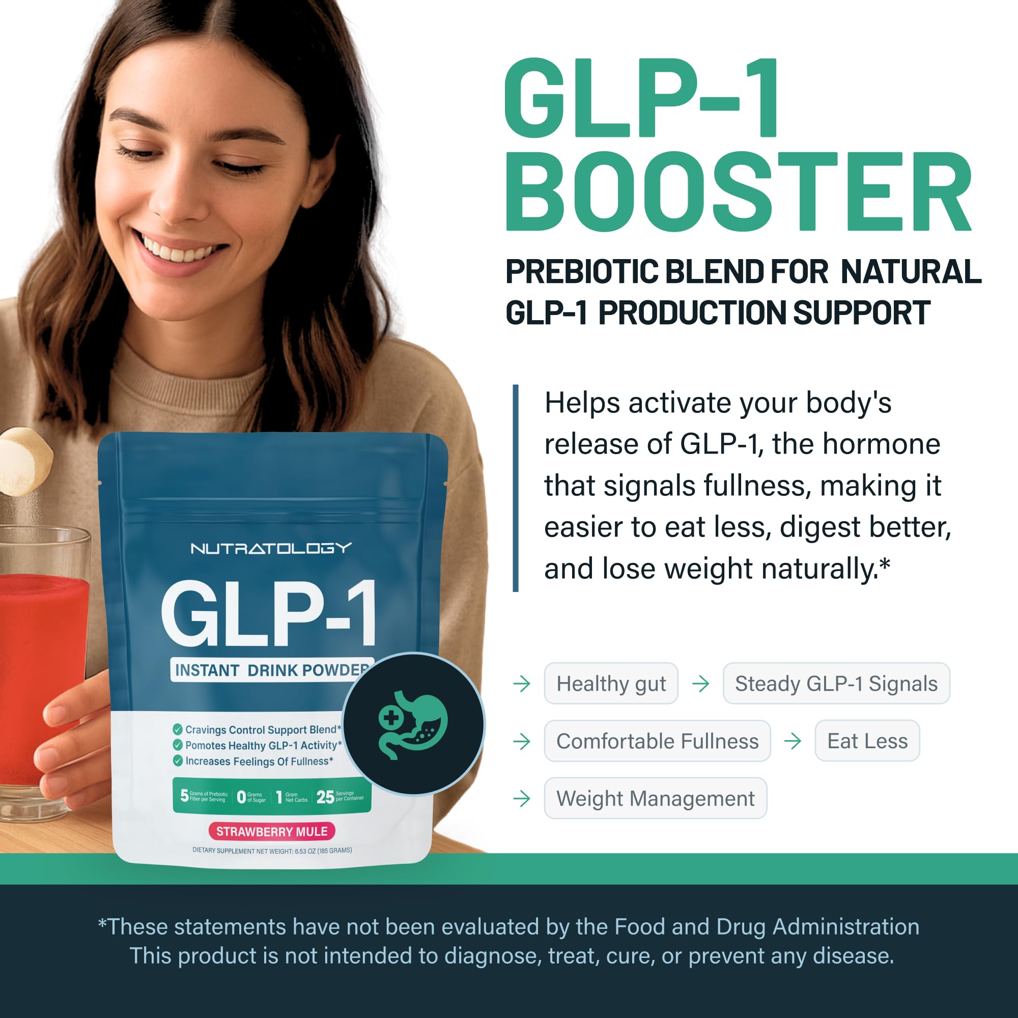 Nutratology GLP-1 Booster scoop in water for a refreshing drink.