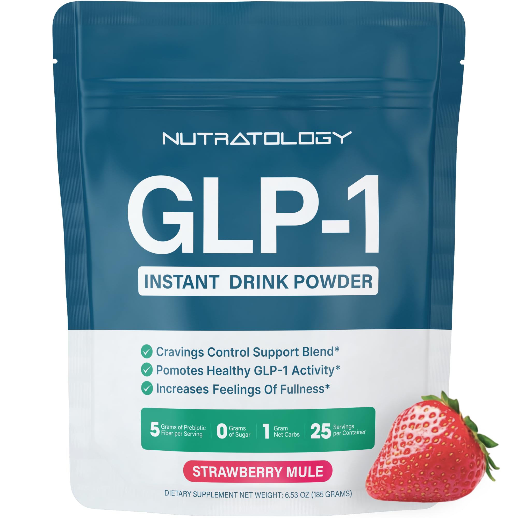 Nutratology GLP-1 Booster Strawberry Mule bottle on a counter, supporting cravings management.