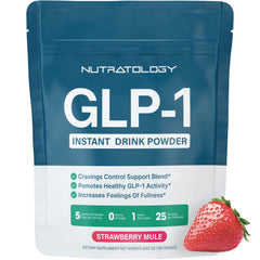 Nutratology GLP-1 Booster Strawberry Mule bottle on a counter, supporting cravings management.