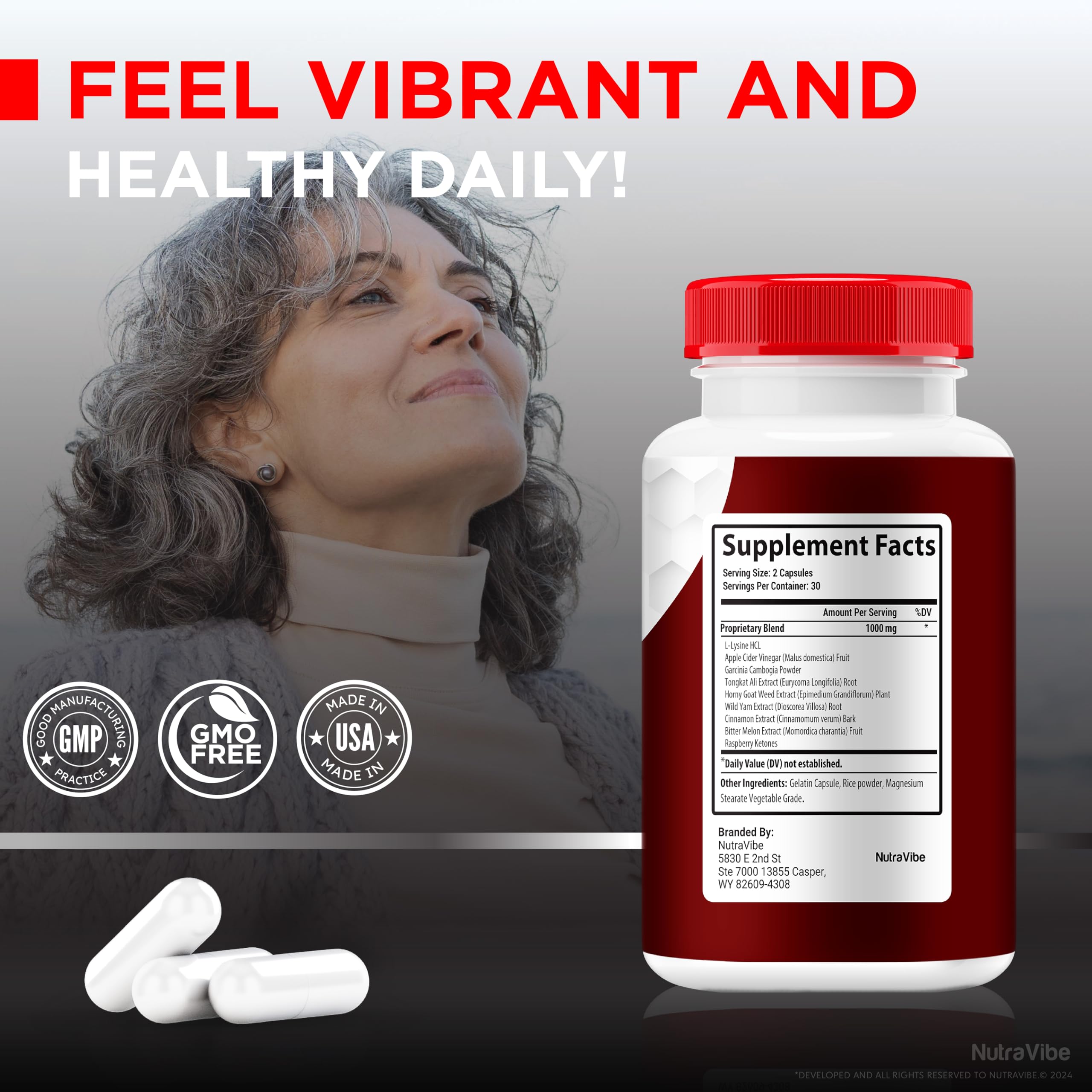 Flat lay of NutraVibe Glucocyn 120 capsules